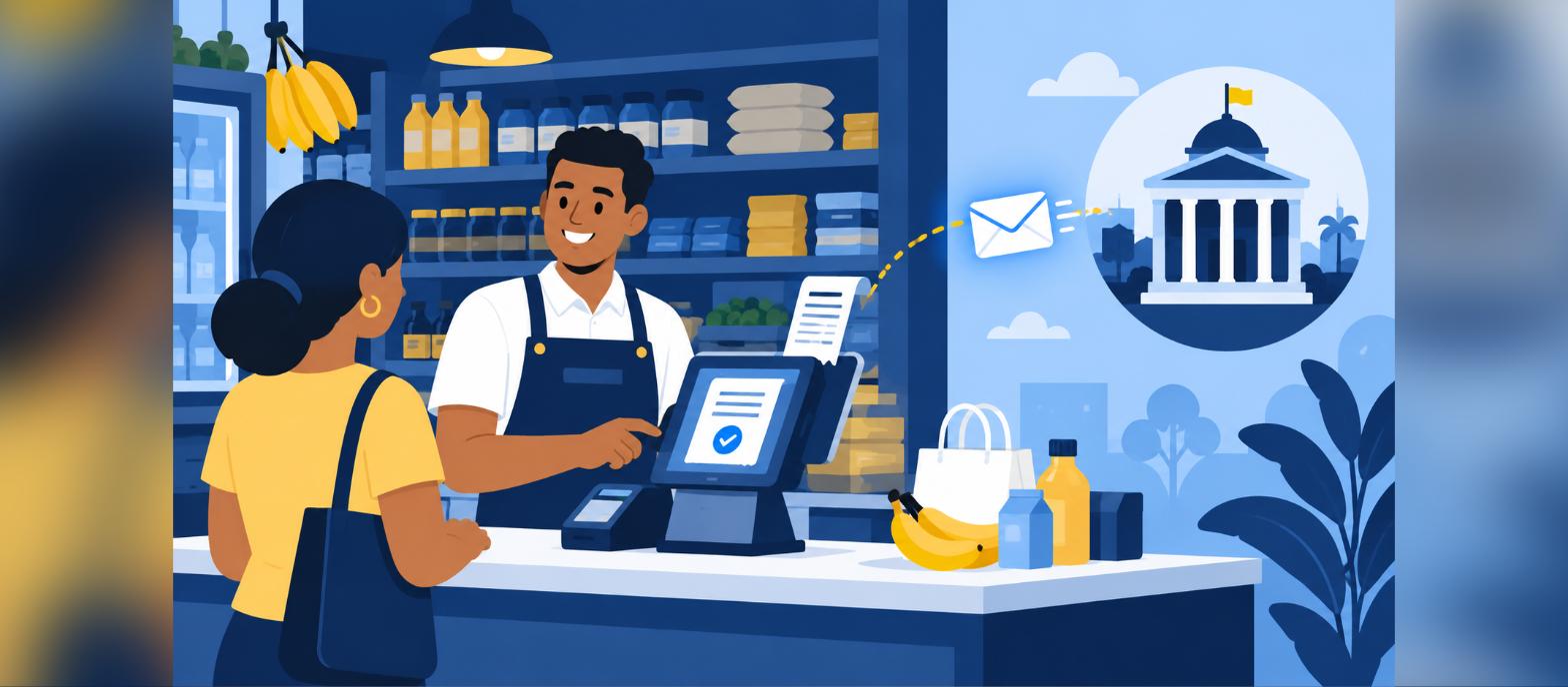 Cajero de un colmado dominicano emitiendo una factura de consumo electrónica que se envía a la DGII