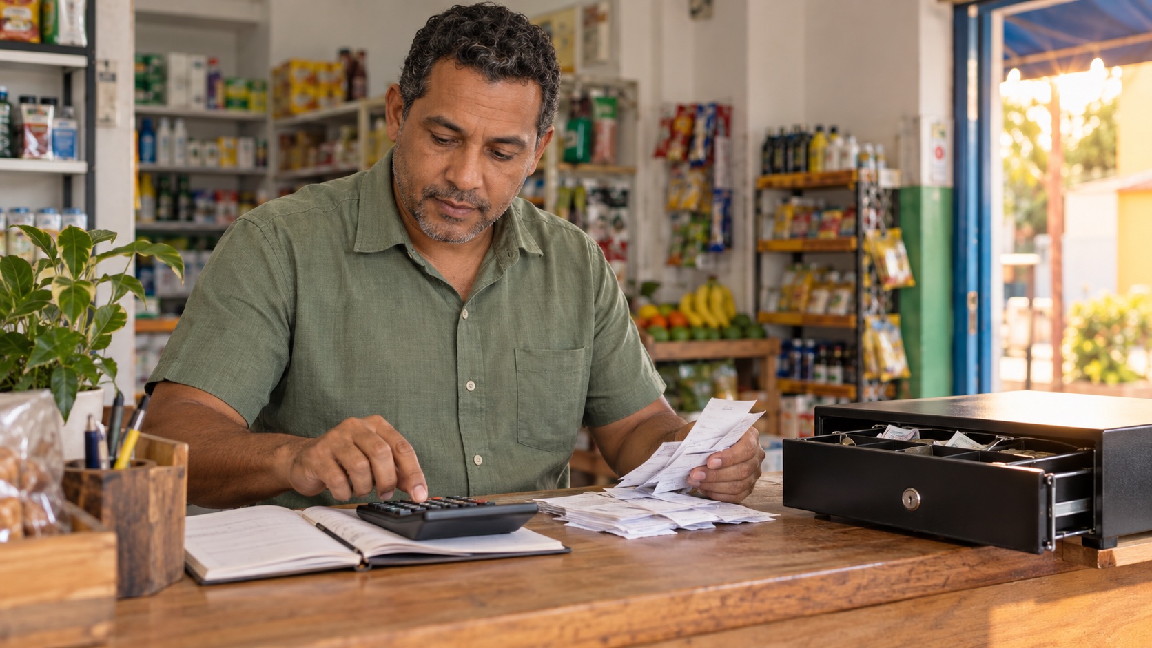 Dueño de pequeño negocio revisando recibos con una calculadora junto a un cajón de efectivo abierto al cierre de la jornada