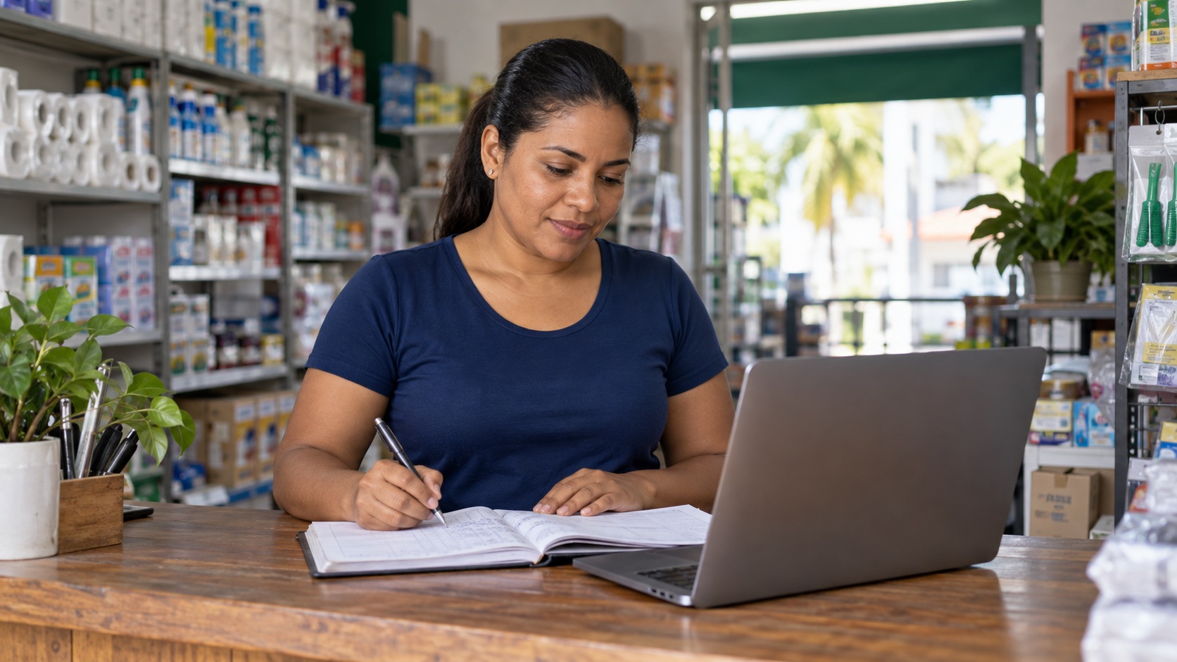 Dueña de un negocio revisando sus cuentas junto a una computadora y mercancía
